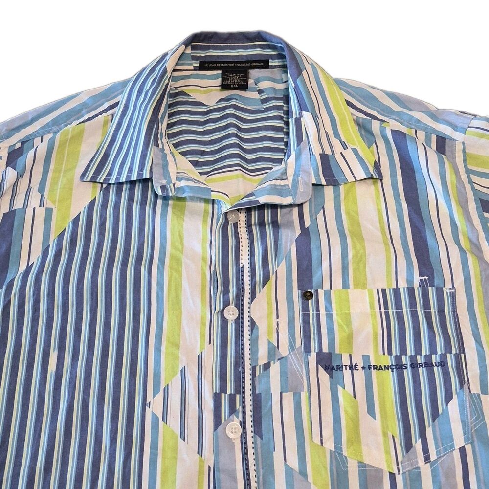 Marithe & Francois Girbaud Shirt Men Size XXL Blue White Green Stripe 80's 90's